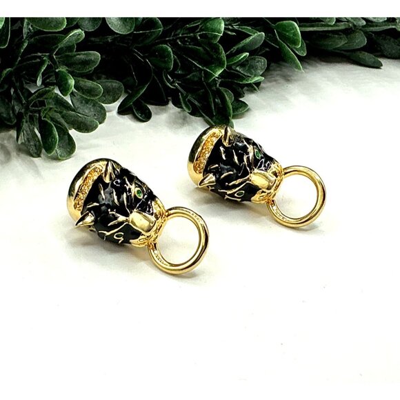 Vintage Gold Tone and Black Enamel Panther Head Earrings - Picture 2 of 10
